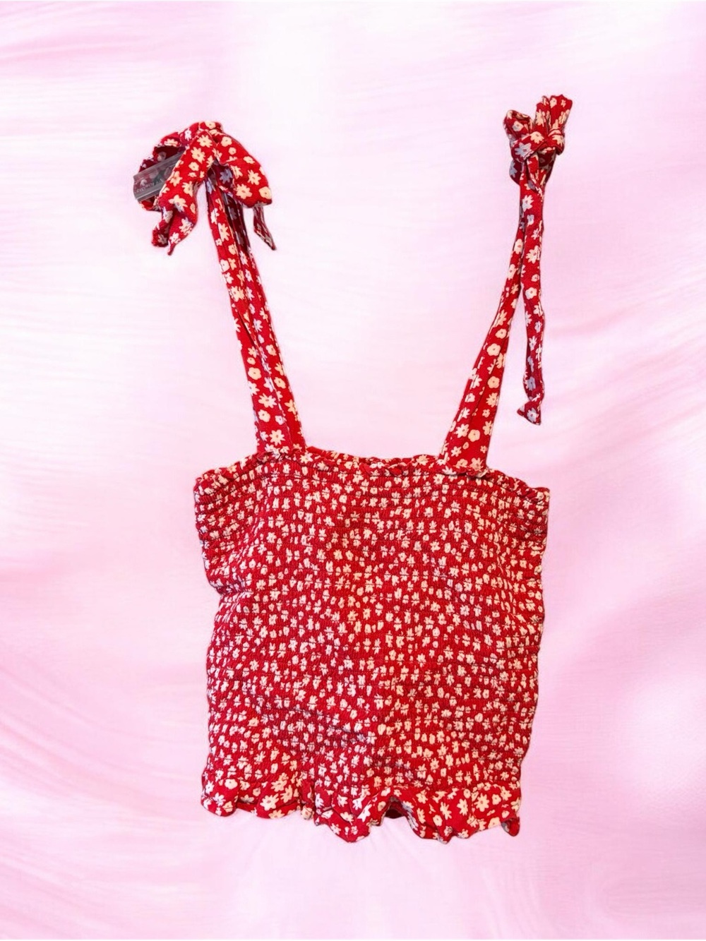 American Eagle Outfitters Red Floral Smocked Crop Top